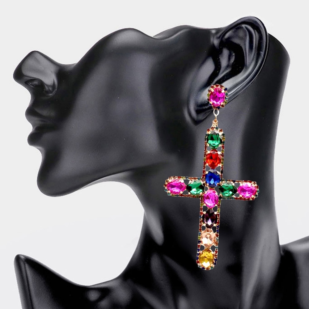 MultiColored Cross Dangle Earrings Bubble Stone Crystal Jewelry